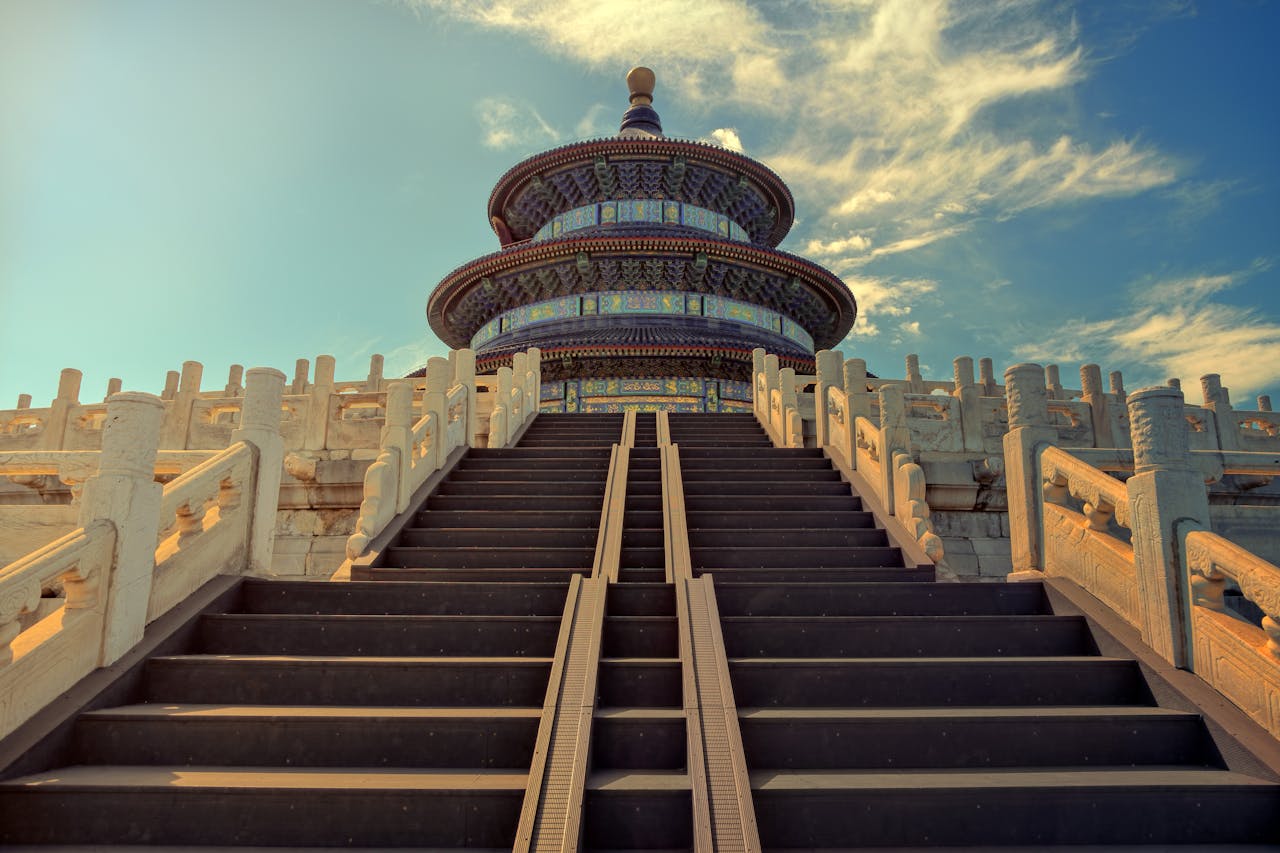 services-03 Low angle view of the iconic Temple of Heaven in Beijing under a clear sky.